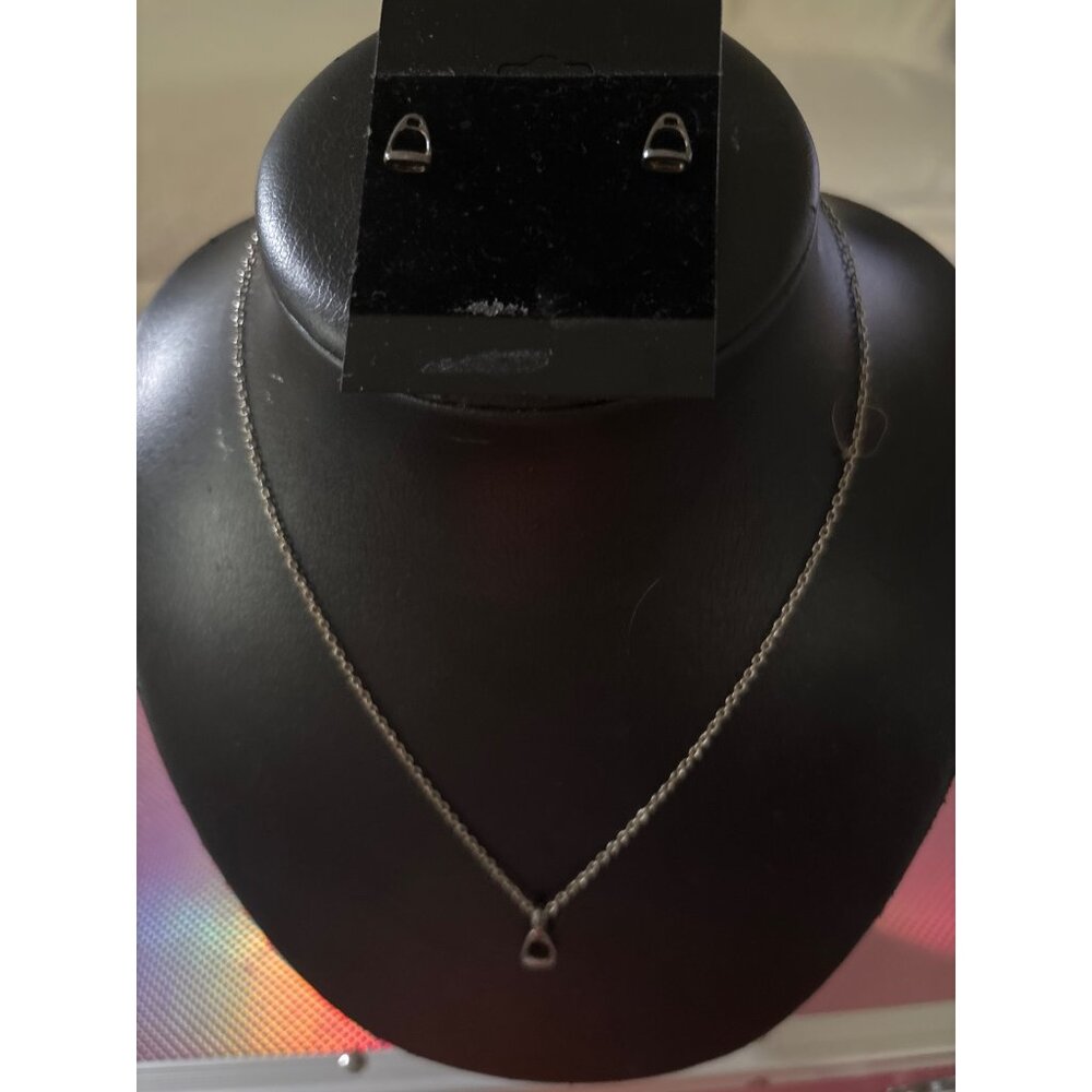 Equestrian Stirrup Necklace & Earrings Set Silver Tone Horse Riding Pierced